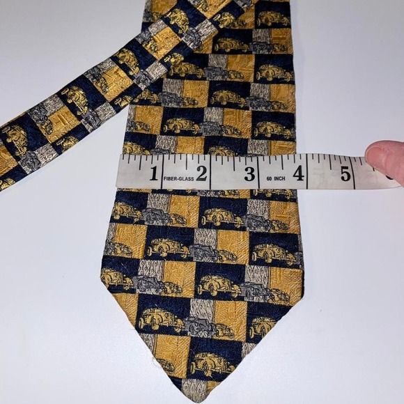 Yellow and navy blue vintage 90s‎ cars Studio by Fumagalli's patterned silk Tie - Picture 3 of 5